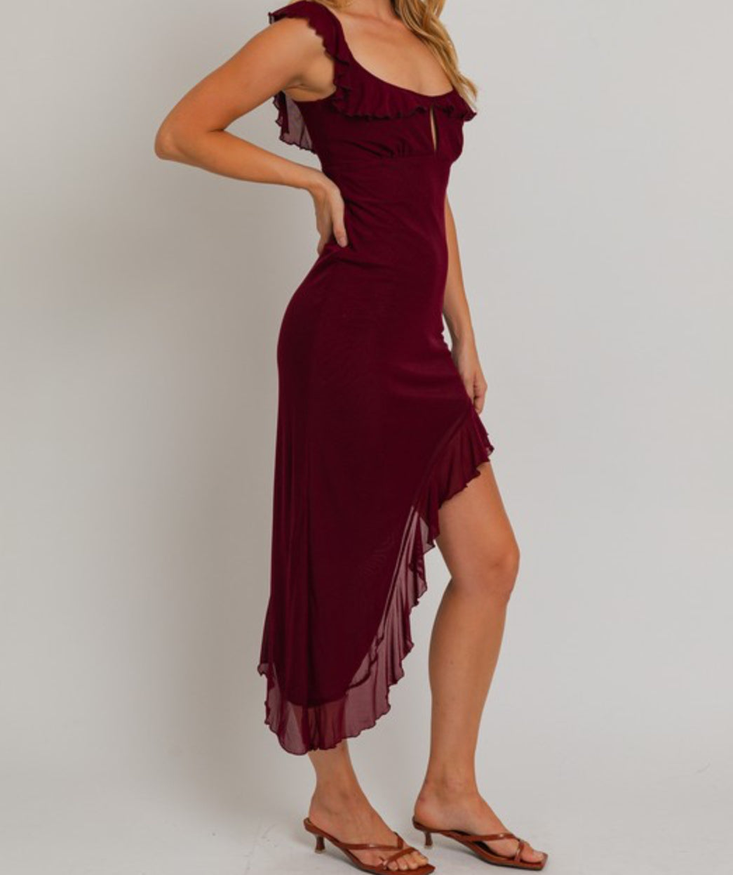 Le Lis Maroon Ruffle Hem Dress SP24