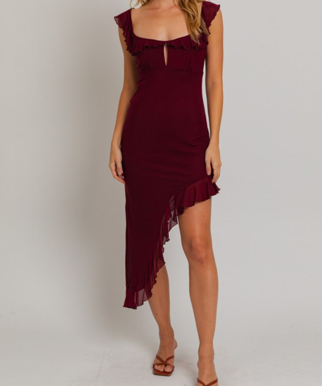 Le Lis Maroon Ruffle Hem Dress SP24