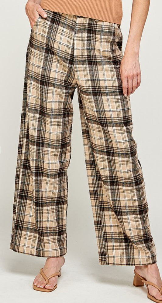 Miss Love Brushed Plaid Wide Legs Pants